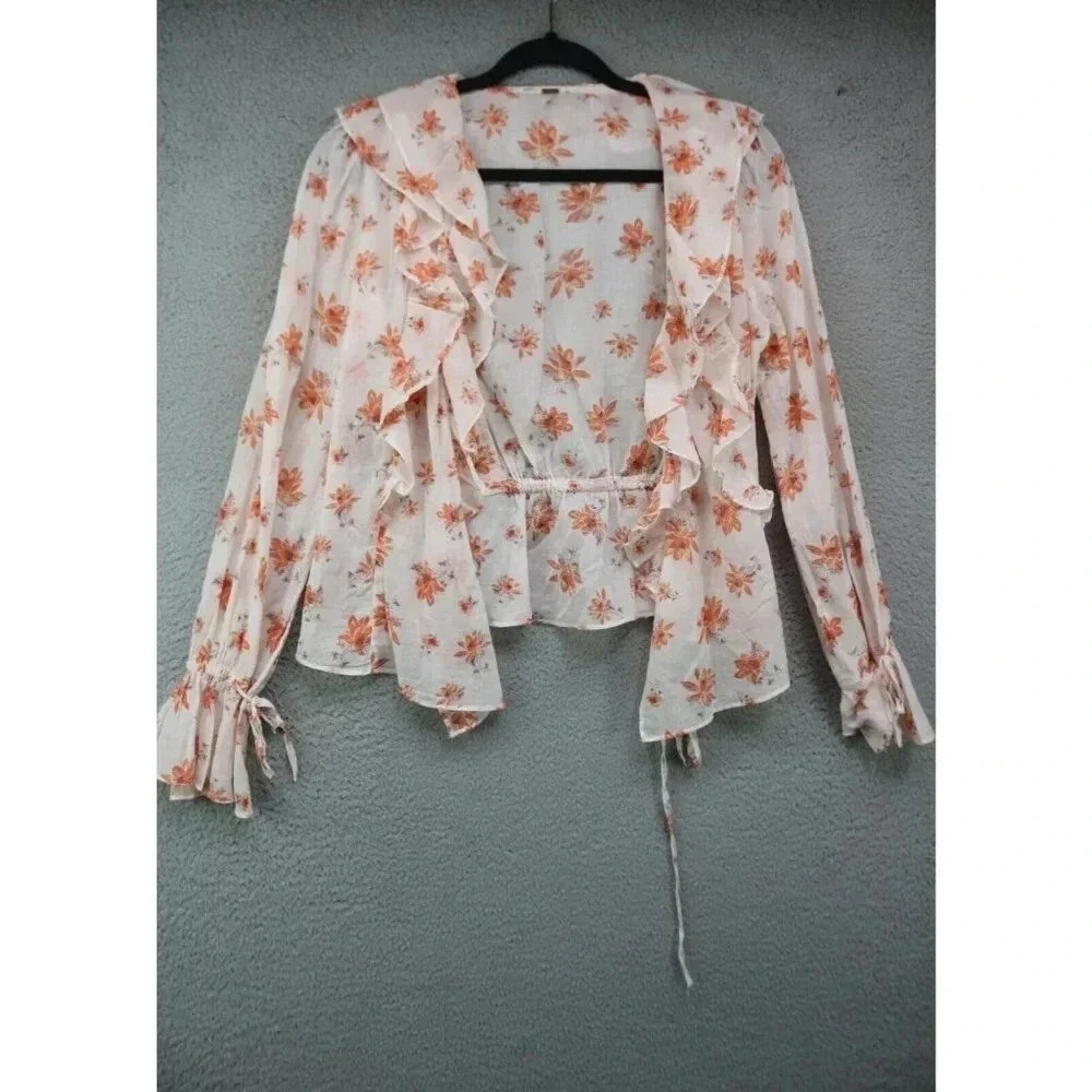 Free People Long Sleeve Amanda Ruffles- Floral Wrap Top-Size Small/Petite